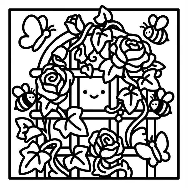 Charming garden trellis overgrown with blooming roses and climbing ivy, with cute honeybees and butterflies flying around.