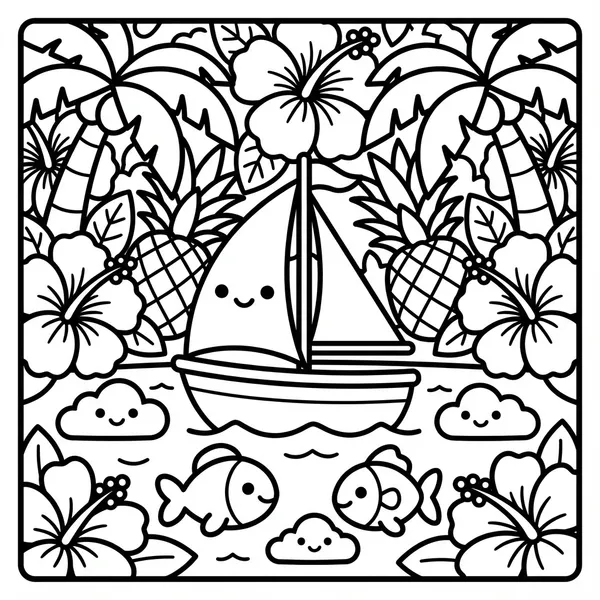 A sailboat on the water with a happy face on its sail, swimming fish, smiling clouds, and large palm trees on the horizon.