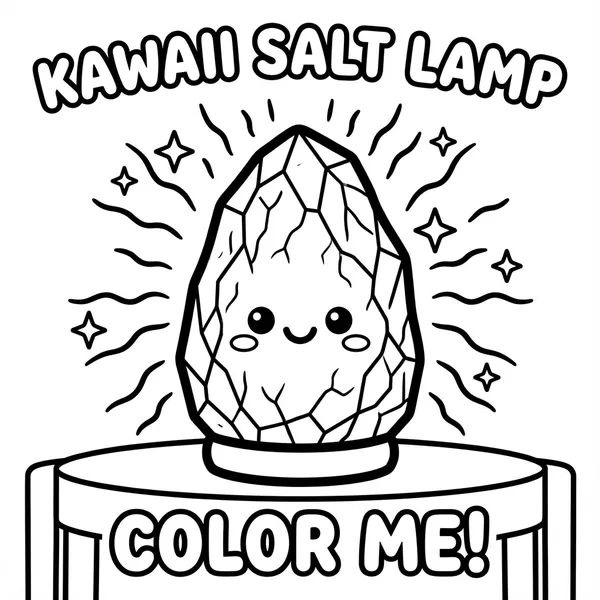 A cute smiling Himalayan salt lamp glowing on a wooden base with radiating warmth lines and spark stars, with text "KAWAII SALT LAMP" and "COLOR ME!".