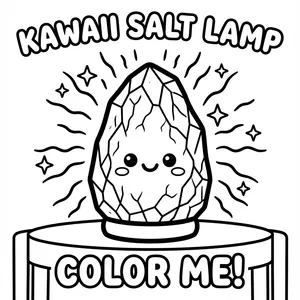 A cute smiling Himalayan salt lamp glowing on a wooden base with radiating warmth lines and spark stars, with text "KAWAII SALT LAMP" and "COLOR ME!".