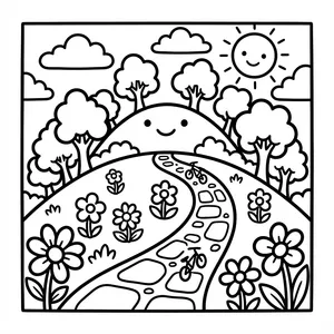 A large hill with a smiling face, a winding stone path with a small bicycle, surrounded by happy trees, flowers, and a smiling sun.