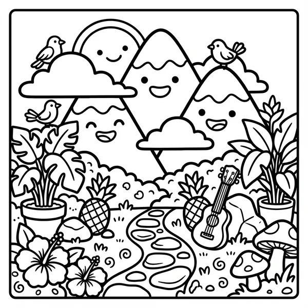 Three large mountains with happy faces, topped with clouds and perched birds, along with pineapples, an acoustic guitar, a path, and flowers.
