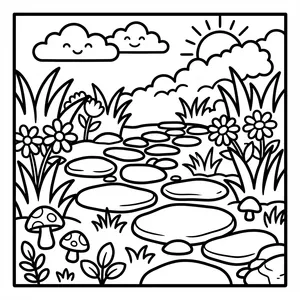 Charming winding stone path through lush grass, wild flowers, cute mushrooms, under a smiling sun and clouds.