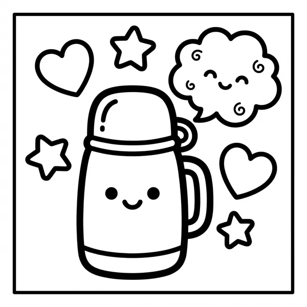 A simple thermos mug with a happy face, surrounded by floating hearts, stars, and a smiling puff of steam.