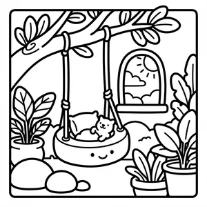 Cute smiling tire swing hanging from a tree with a cozy kitten sleeping on cushions surrounded by potted plants.