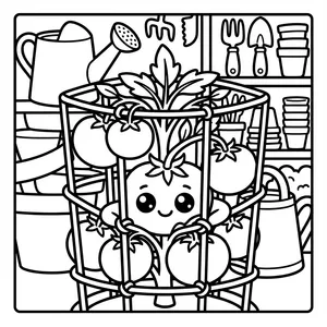 Cute smiling tomato character growing inside a wire tomato cage with garden pots and tools in the background.