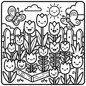 Wooden garden planter box filled with smiling tulip flowers and happy butterflies fluttering around under the sun.