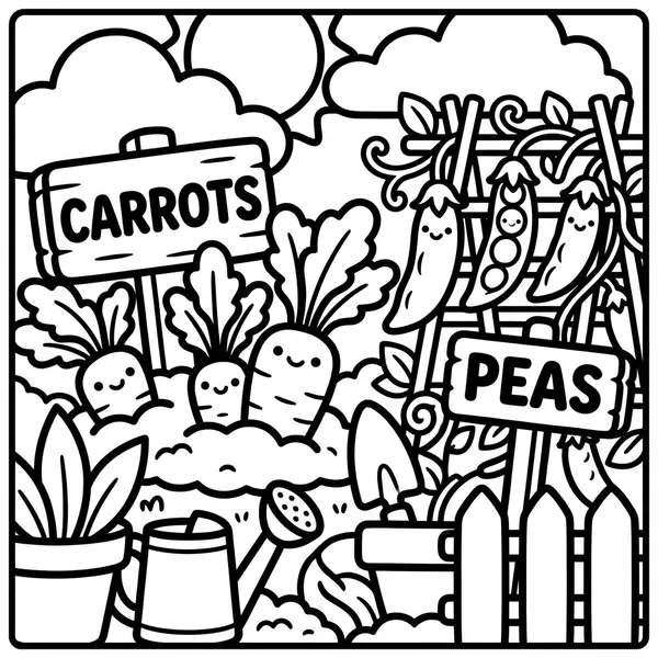 Cute vegetable garden with smiling carrots in dirt bed and happy pea pods on trellis fence.