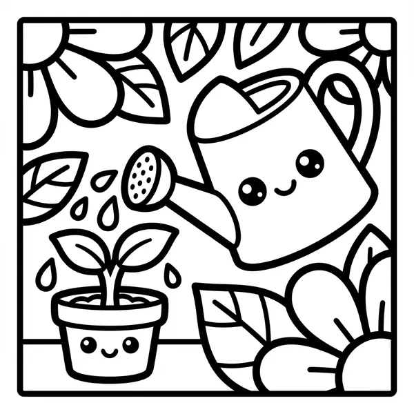 Cute smiling watering can pouring water droplets onto a happy little potted plant sprout.
