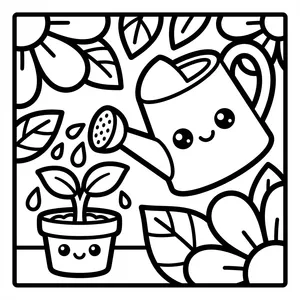 Cute smiling watering can pouring water droplets onto a happy little potted plant sprout.