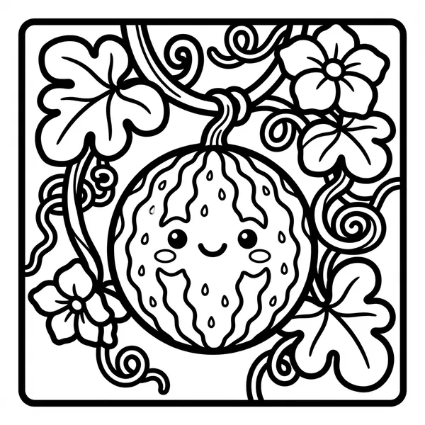 Cute smiling striped watermelon character growing on a leafy garden vine with flowers and tendrils.