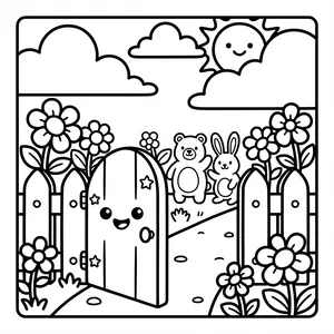 Kawaii open wooden garden gate with a smiling face, surrounded by flowers with a cute bear and bunny waving in the background.