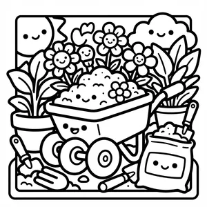 Kawaii smiling wheelbarrow filled with soil and flowers surrounded by potted plants and gardening tools.