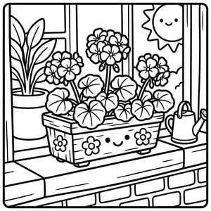 Smiling wooden window planter box overflowing with blooming geranium flowers and leaves on a sunlit windowsill.
