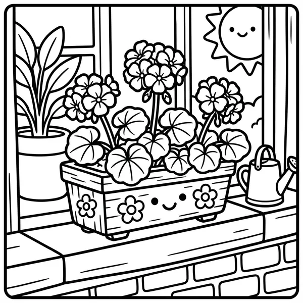Smiling wooden window planter box overflowing with blooming geranium flowers and leaves on a sunlit windowsill.