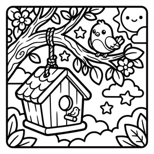 Cute wooden birdhouse hanging from a flower-covered tree branch with a sweet little bird resting nearby.