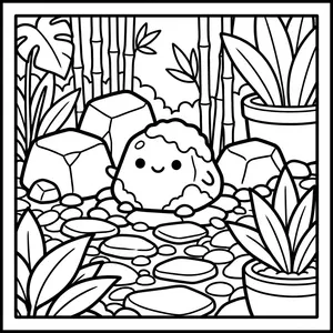 Cute smiling garden rock with moss sitting on a pebble path in a tranquil bamboo garden with house plants.