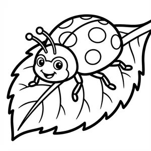 Cute smiling spotted ladybug crawling on a detailed leaf vein line art coloring page.