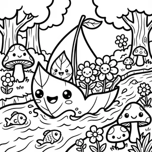 Cute smiling leaf shaped sailboat sailing down a forest river stream past jumping fish, flowers, and mushrooms line art coloring page.
