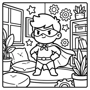A confident chibi superhero with a mask and flowing cape, standing proudly in a cozy room with a window, decorative gears, pillows, a bookshelf, and potted plants.
