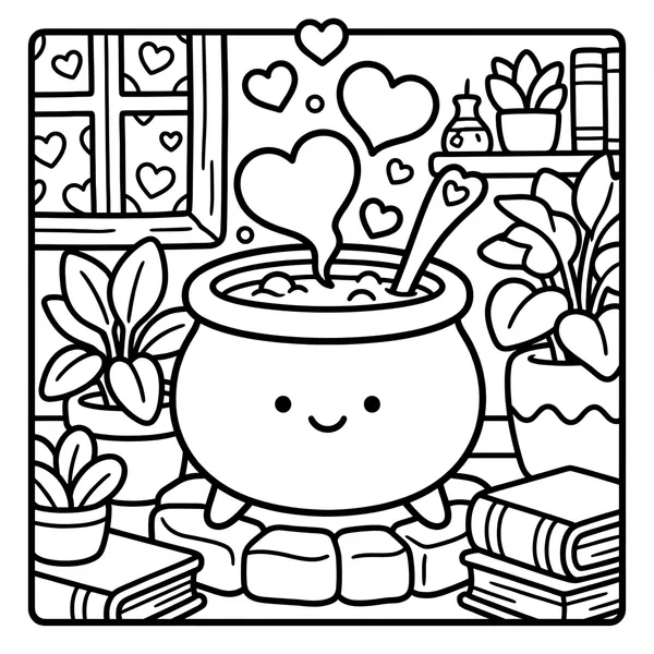 Cute cauldron brewing love potion with hearts.