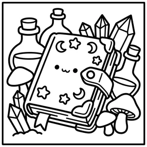 Magic Book with Crystals Coloring Page Magic spellbook surrounded by crystals and mushrooms.