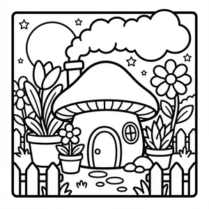 Sweet mushroom house with a chimney and picket fence.