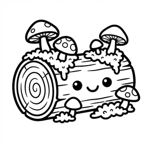 Cute smiling tree log covered in moss with wild polka dot mushrooms growing on top line art coloring page.
