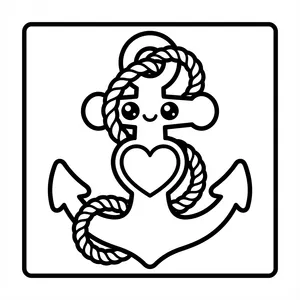 Nautical anchor wrapped in rope with a heart in the center and a smiling face, inside a rounded square frame.