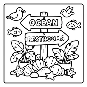 Ocean Restrooms Sign Coloring Page Cute wooden sign pointing to the ocean and restrooms.