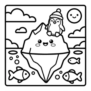 Penguin on Iceberg Coloring Page Cute penguin wearing a beanie sitting on a smiling iceberg.