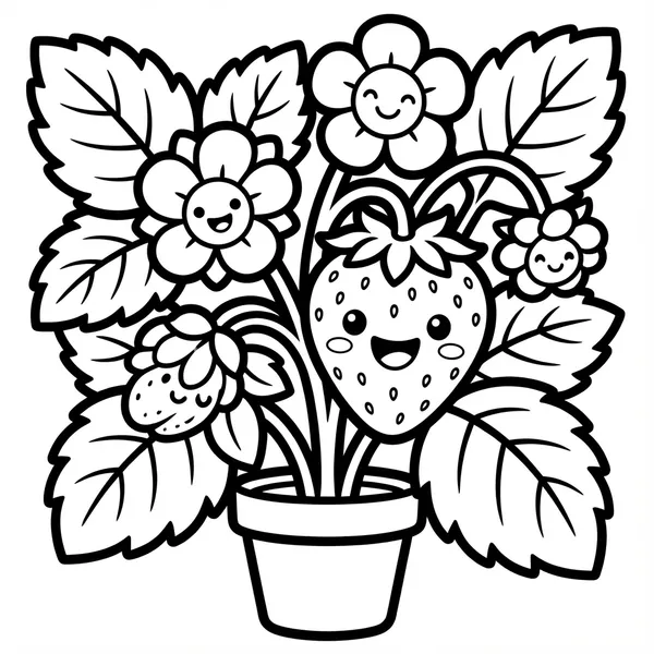 Cute potted strawberry plant with smiling strawberries, blooming flowers, and lush green leaves line art coloring page.
