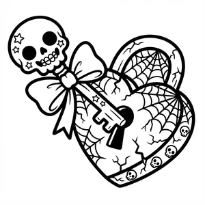 Skull key with a bow unlocking a heart.