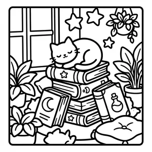 Sleeping cat on a stack of books, a cozy and easy color-in pages wide lines design.