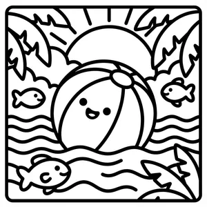 Smiling Beach Ball Coloring Page Smiling beach ball in the waves, a perfect easy color-in pages wide lines choice.