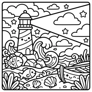 Smiling lighthouse shining a beam.