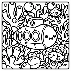 Smiling submarine exploring the ocean, inside a rounded square frame.