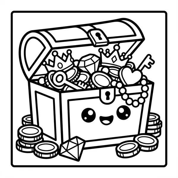 Smiling treasure chest full of gold, designed as easy color-in pages wide lines for kids.