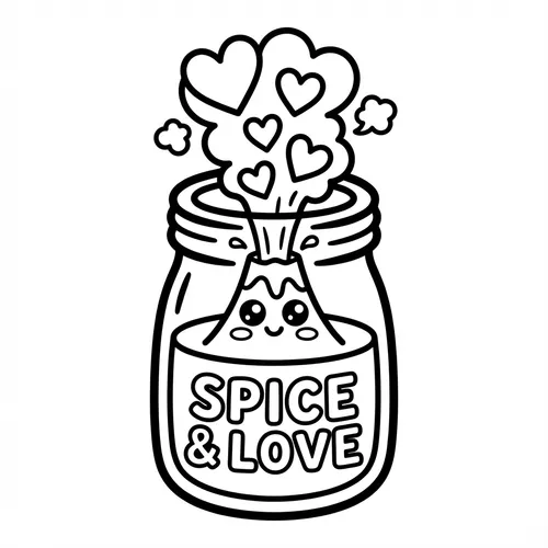 Spice and love volcano jar erupting hearts, a large outline coloring pages piece.