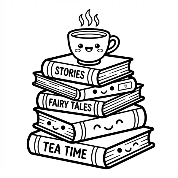 Stack of cozy books with funny smiling faces titled Stories, Fairy Tales, and Tea Time topped with a steaming teacup line art coloring page.