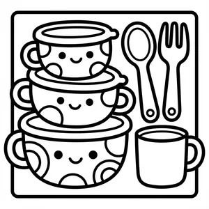 Three stacked camping cups with lids, each featuring a cute smiley face, placed next to a fork, a spoon, and a plain mug.