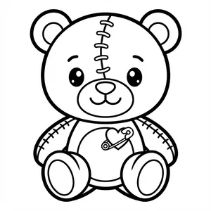 Stitched Teddy Bear Coloring Page Cute stitched teddy bear with a heart safety pin.