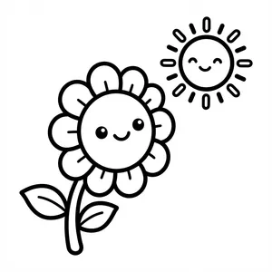 Cute smiling sunflower turning towards a happy smiling sun in the sky line art coloring page.