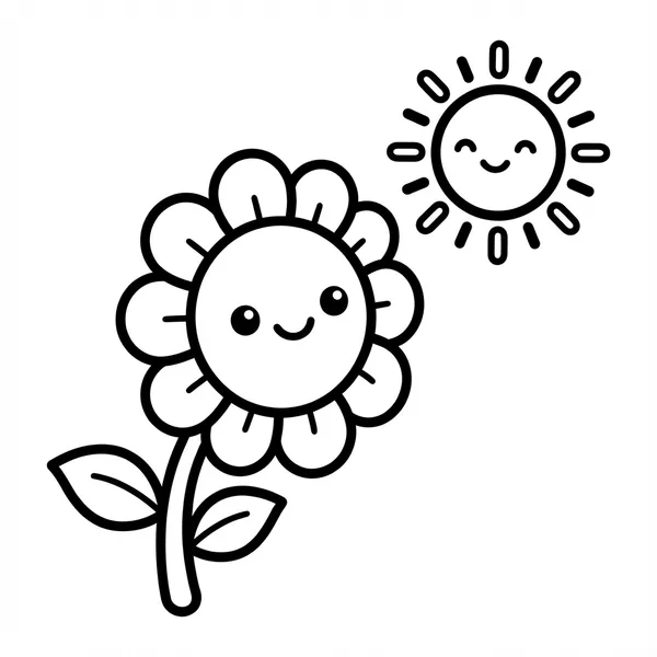 Cute smiling sunflower turning towards a happy smiling sun in the sky line art coloring page.