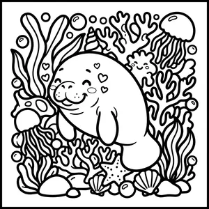 Sweet Manatee Coloring Page Sweet manatee surrounded by hearts and jellyfish.