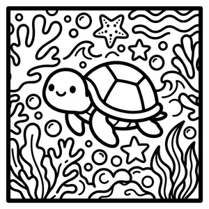 Sweet Sea Turtle Coloring Page Smiling sea turtle swimming among seagrass, starfish, and bubbles, inside a rounded square frame.