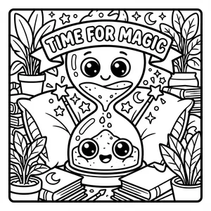Time for Magic Hourglass Coloring Page Smiling hourglass with sparkles.
