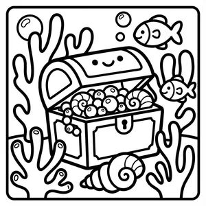 Treasure Chest and Shells Coloring Page Smiling open treasure chest filled with pearls and shells.
