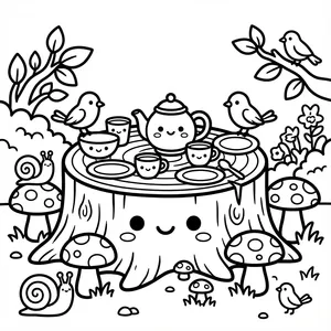 Cute smiling tree stump set up as a tea party table with tea pot, cups, little birds, snails, and mushrooms line art coloring page.