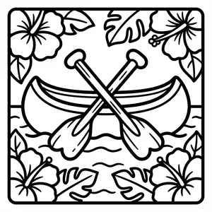 A traditional canoe floating on water with two crossed paddles in front, surrounded by hibiscus flowers and large tropical leaves.